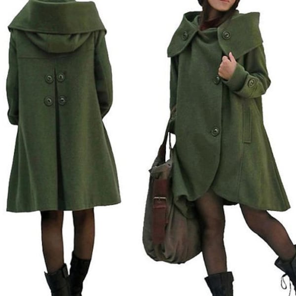 Winter wool coat, dark green wool coat, Hooded midi Coat, women wool overcoat, cloak coat
