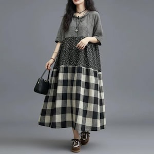 Women Linen Cotton Maxi Dresses, Long Summer Dress, Vintage short sleeved Dress, Casual Plaid Dress