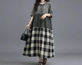Women Linen Cotton Dresses, Long Summer Dress, Casual Plaid short sleeved Dress