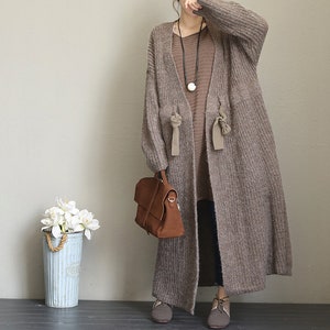 Women Long coat, Sweater Cardigan coat, Waist tie coat, Loose sweater coat, with pockets coat, Women Coat image 1