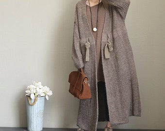 Women Long coat, Sweater Cardigan coat, Waist tie coat, Loose sweater coat, with pockets coat, Women Coat