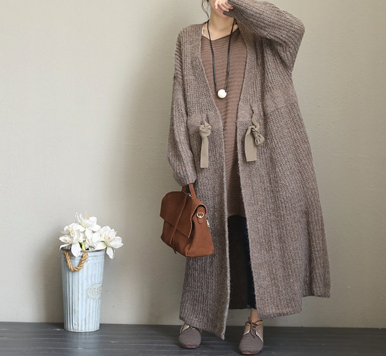 Women Long coat, Sweater Cardigan coat, Waist tie coat, Loose sweater coat, with pockets coat, Women Coat image 1