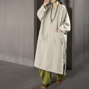 Spring Autumn Linen Long Dress Women's, Minimalist Oversized Dress With Pockets, Dresses for women Beige