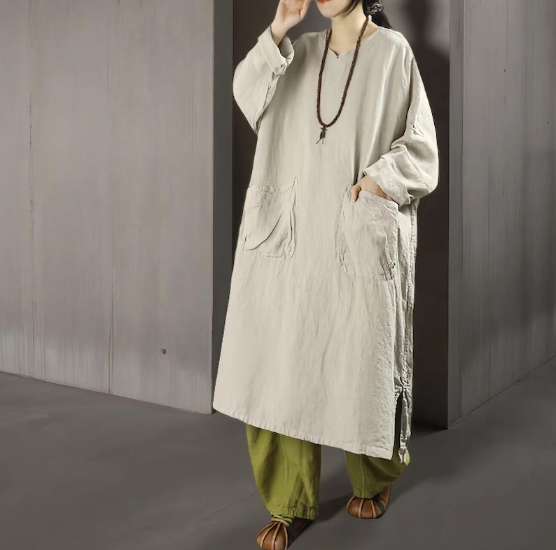 Spring Autumn Linen Long Dress Women's, Minimalist Oversized Dress With Pockets, Dresses for women Beige