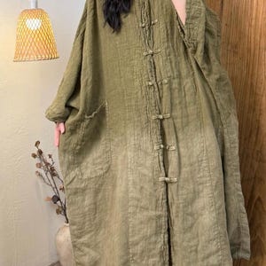 Linen Oversized Long Shirt Retro Hooded Cardigan Women Blouse