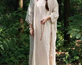 Women Summer Dress with Pockets, Beige Linen Long Dress, Loose Casual Dresses for Women's