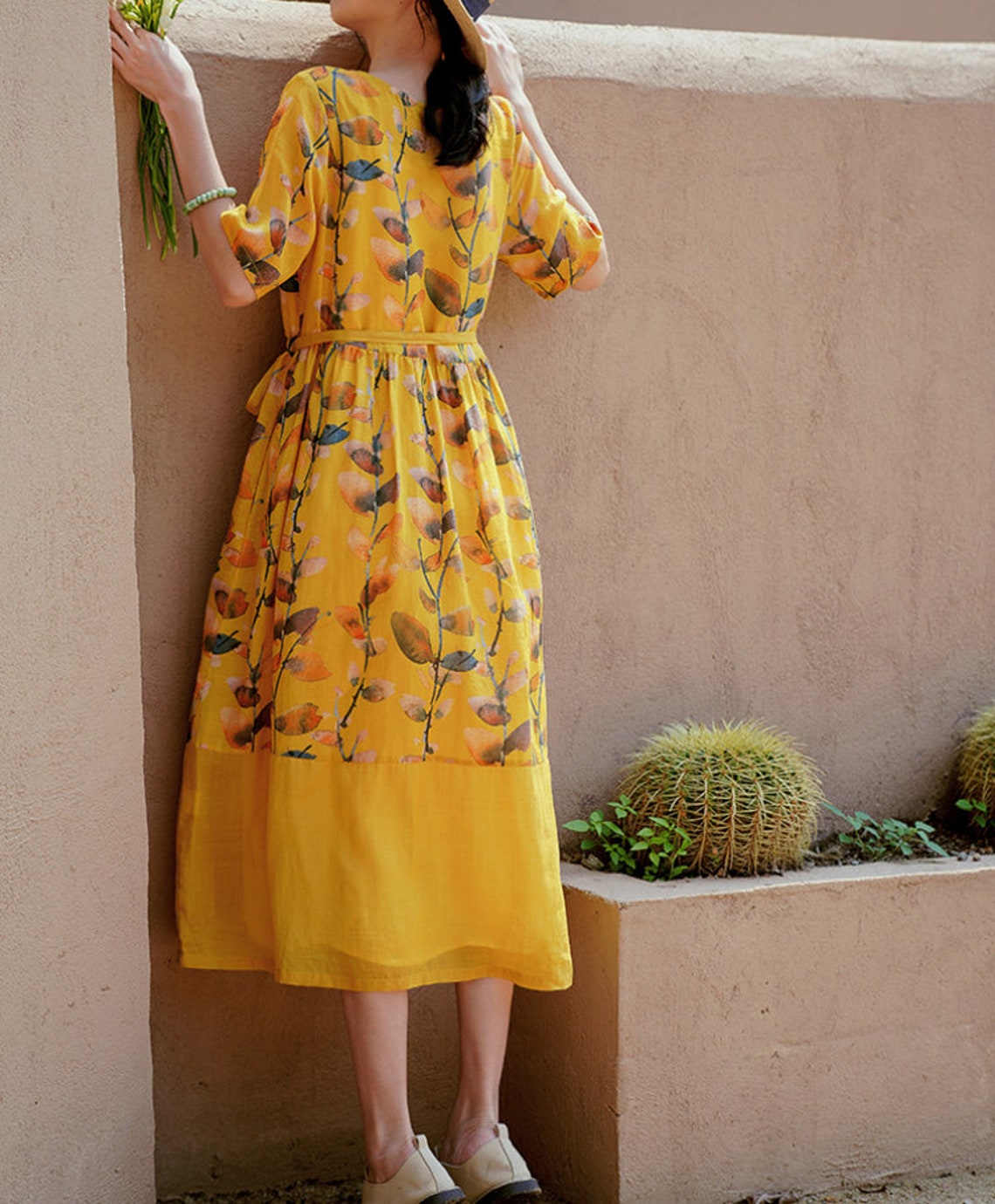 Yellow linen print maxi dress Bridal dress Flare Dress Etsy