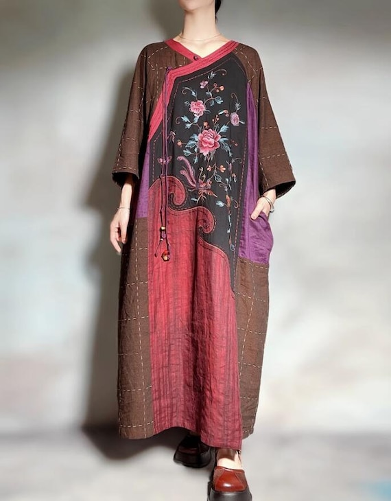 Women Loose Long Dress, Linen Maxi Dresses V Neck Robe, Dress with Pockets