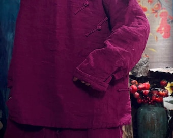 Abrigo acolchado de lino para mujer, chaqueta de invierno informal, abrigos retro.