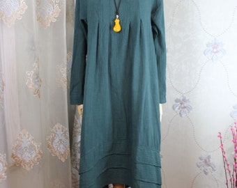 Women cotton long dress, longsleeved dress, Pockets dress, midi Dress, solid color dress