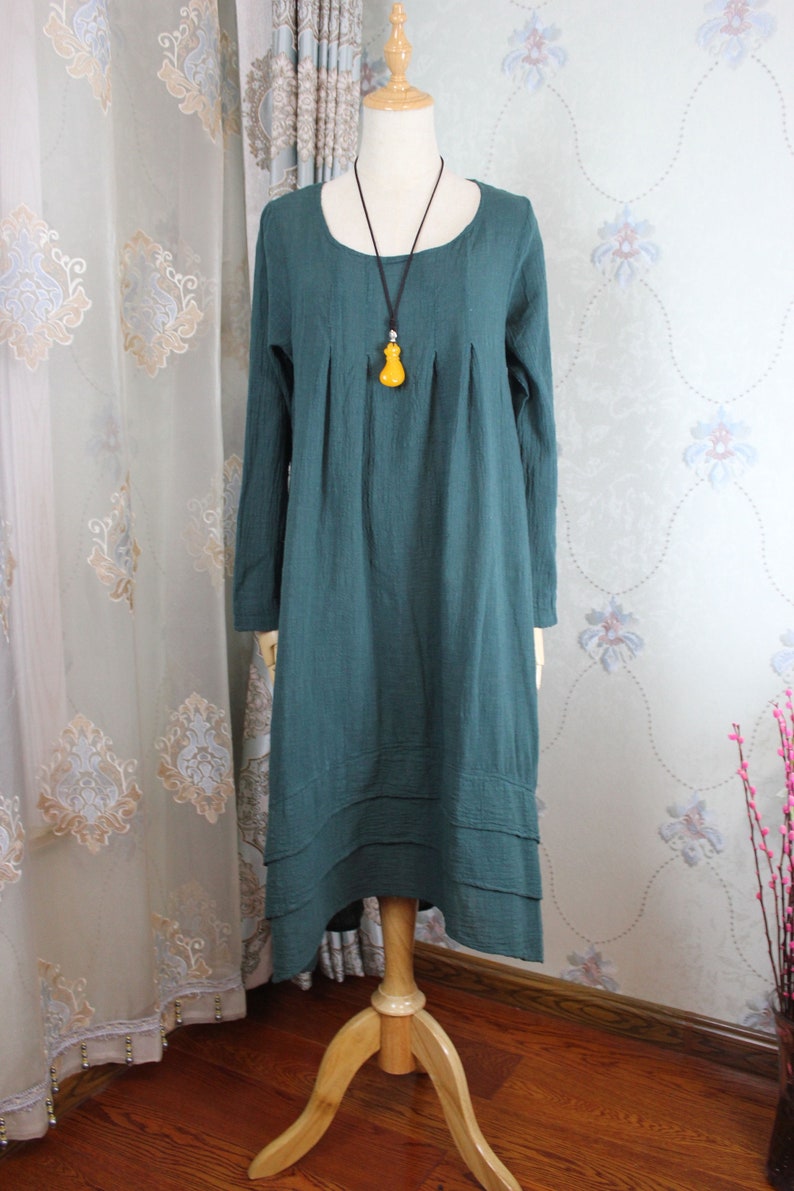 Women cotton long dress, longsleeved dress, Pockets dress, midi Dress, solid color dress image 1