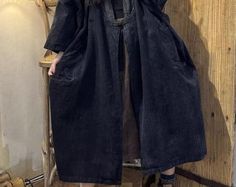 Women Spring Long Coat, Loose cotton windbreaker, Cardigan Jacket, dark blue coat, Oversized coat, Retro coat, Women Coat