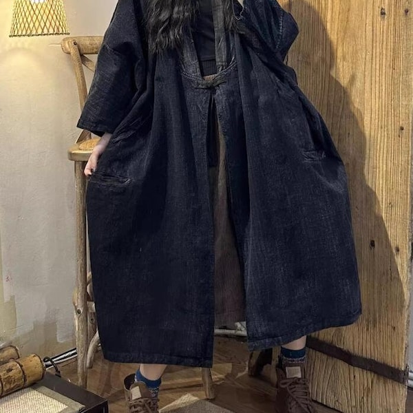 Women Spring Long Coat, Loose cotton windbreaker, Cardigan Jacket, dark blue coat, Oversized coat, Retro coat, Women Coat