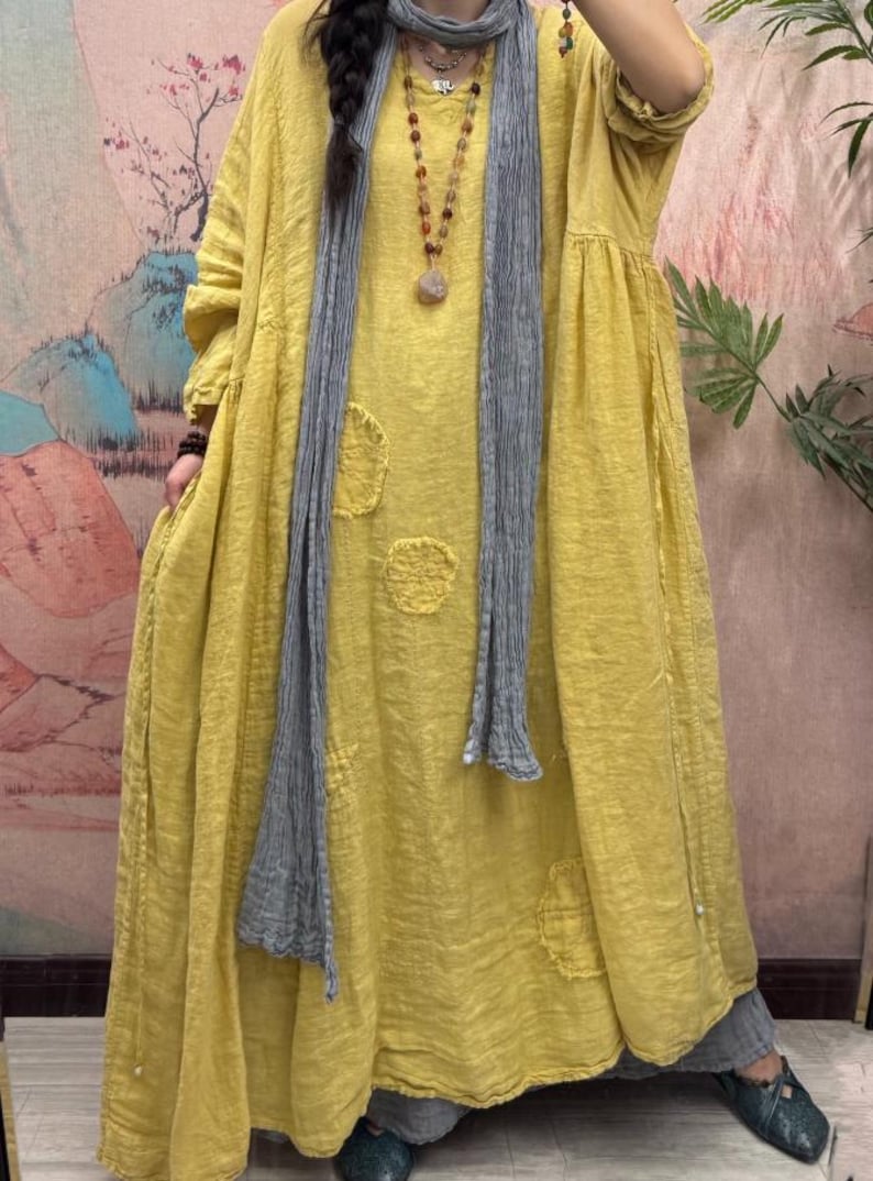 Women Linen Maxi Dress, Loose Vintage dress with Pockets, Spring dresses for Women's Yellow