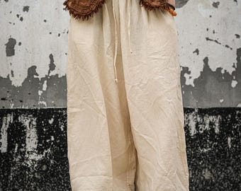 Women's Summer Linen Wide Leg Pants, Elastic Waist Trousers, Casual Pants