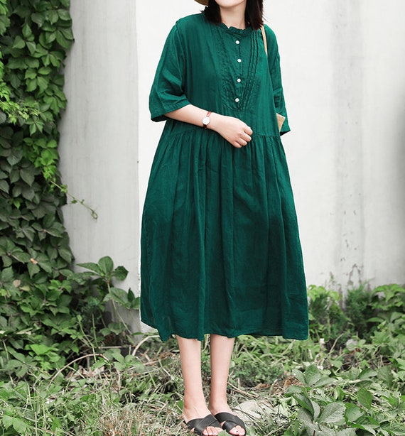 Dark Green dress Women Linen dress summer midi dress Loose | Etsy
