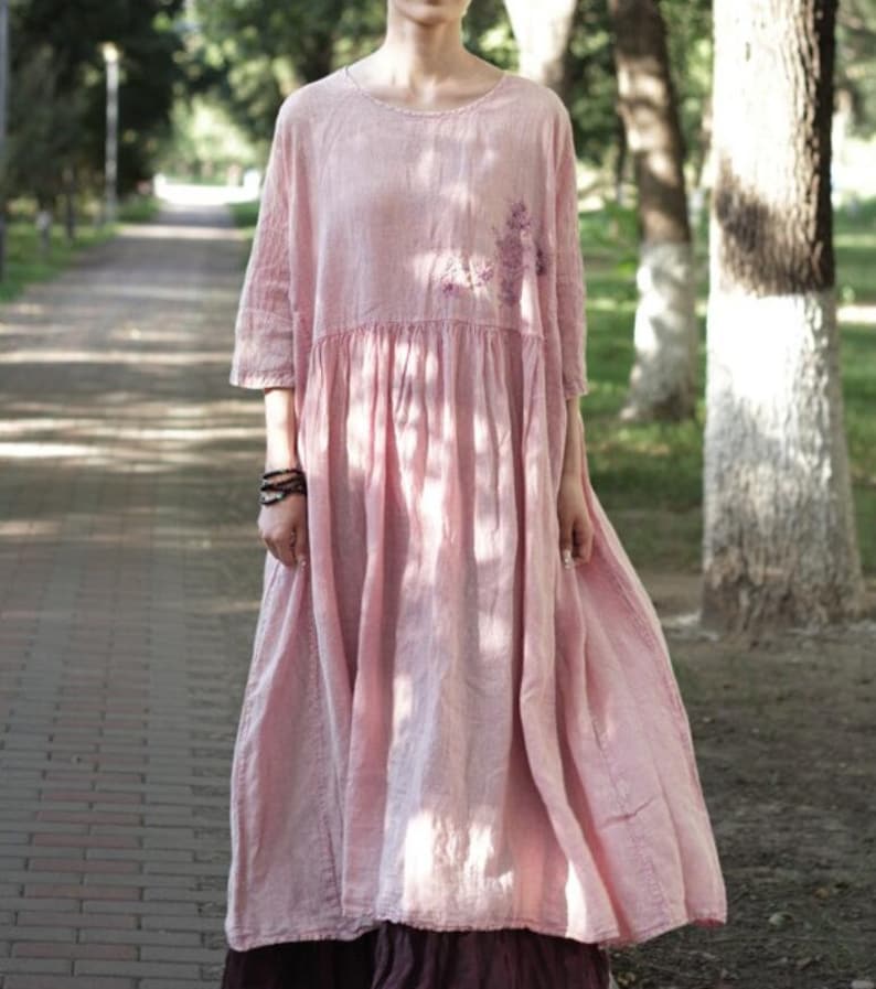 Womens Linen Dress, Long Linen dress, summer dress, Loose Linen dress, maxi linen dress for women, Retro Dress, womens dresses with pockets Pink