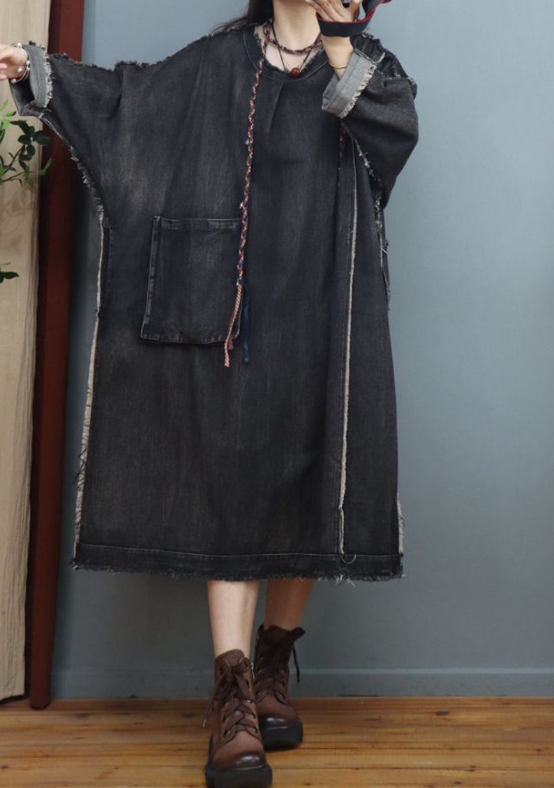 Women's Cotton Denim Dress Long Sleeve Dress Loose Denim Etsy