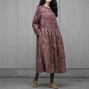 Women's Linen Maxi Dress, Retro Dresses with Pockets, Spring long sleeved dress for women