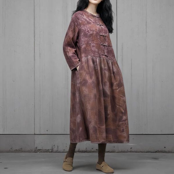 Women's Linen Maxi Dress, Retro Dresses with Pockets, Spring long sleeved dress for women