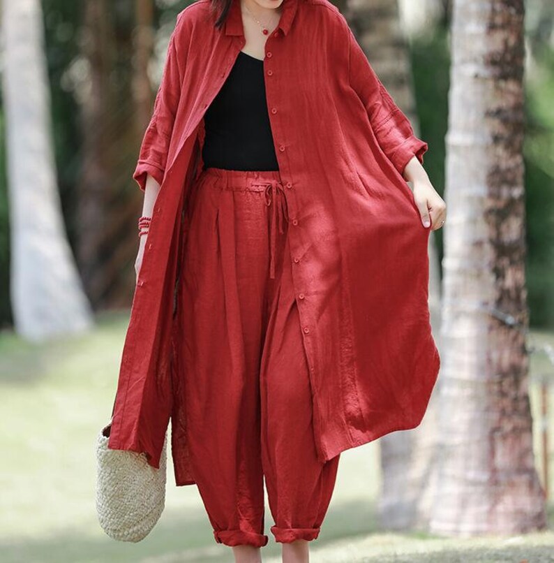 Red Linen Dress Linen Shirt Dress Long Sleeve Linen Midi Etsy