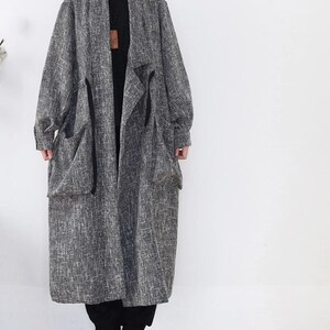 Womens Linen loose long coat, Womens Windbreaker, spring large size coat, gray coat, oversized coat image 3