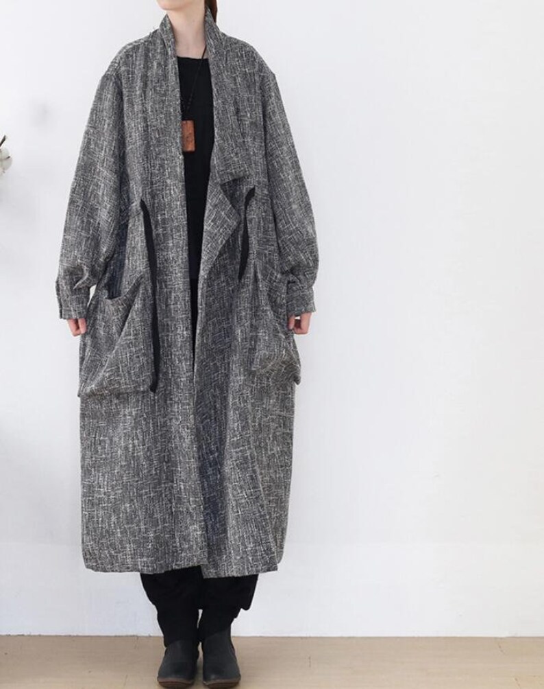 Womens Linen loose long coat, Womens Windbreaker, spring large size coat, gray coat, oversized coat image 3