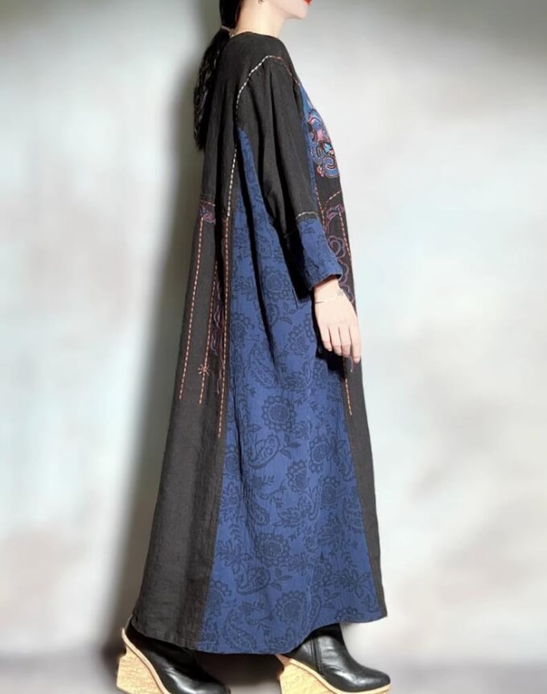 Linen Women dress, Black maxi dress, retro dresses, linen robe, Linen dress with pockets, Oversized dress image 3