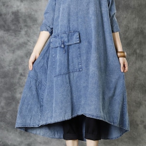 Women Spring Autumn Dresses Cotton Denim Midi Dress Retro Style