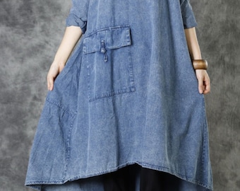 Women Spring Asymmetrical Dresses, Autumn Cotton Denim Midi Dress, Dress with Pockets