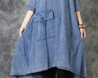 Women Cotton dress, Loose denim dress, Midi Dresses, spring autumn dress, asymmetry dress, minimalist dress