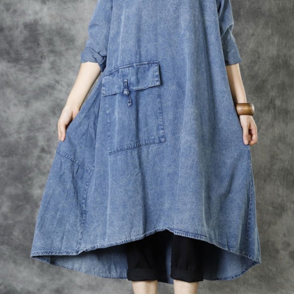 Women Spring Asymmetrical Dresses, Cotton Denim Midi Dress, Dress with Pockets