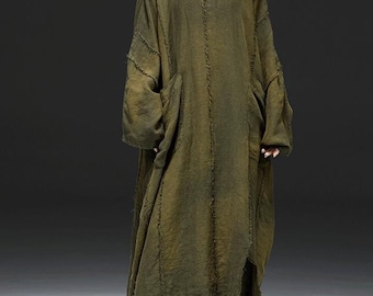 Linen Long sleeved hooded dresses, Asymmetrical oversized Dress, Women Robe, Dress with Pockets