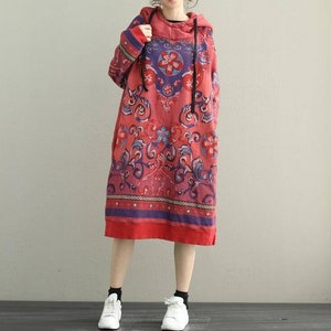 Women Hooded Dresses, Cotton midi dress, longsleeved dress, large size dress, boho dress, Loose dress, women dresses for Spring Red