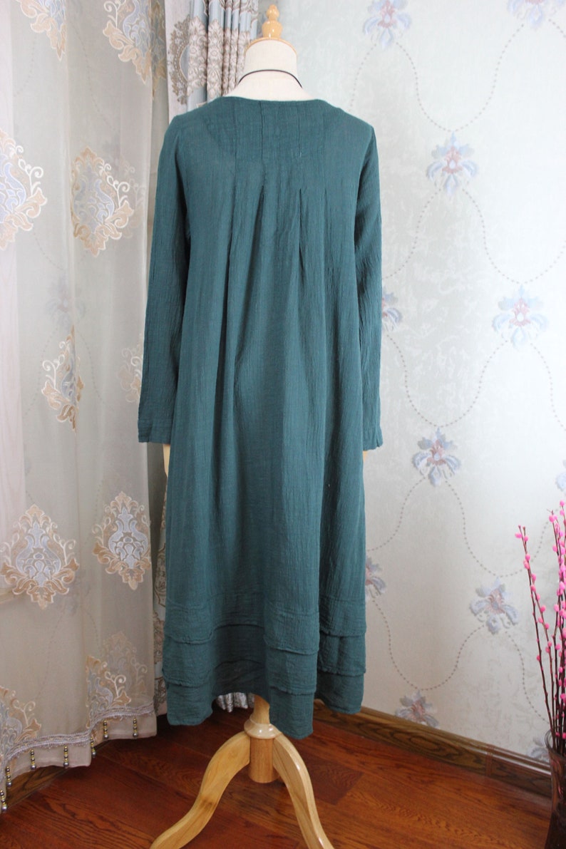 Women cotton long dress, longsleeved dress, Pockets dress, midi Dress, solid color dress image 4