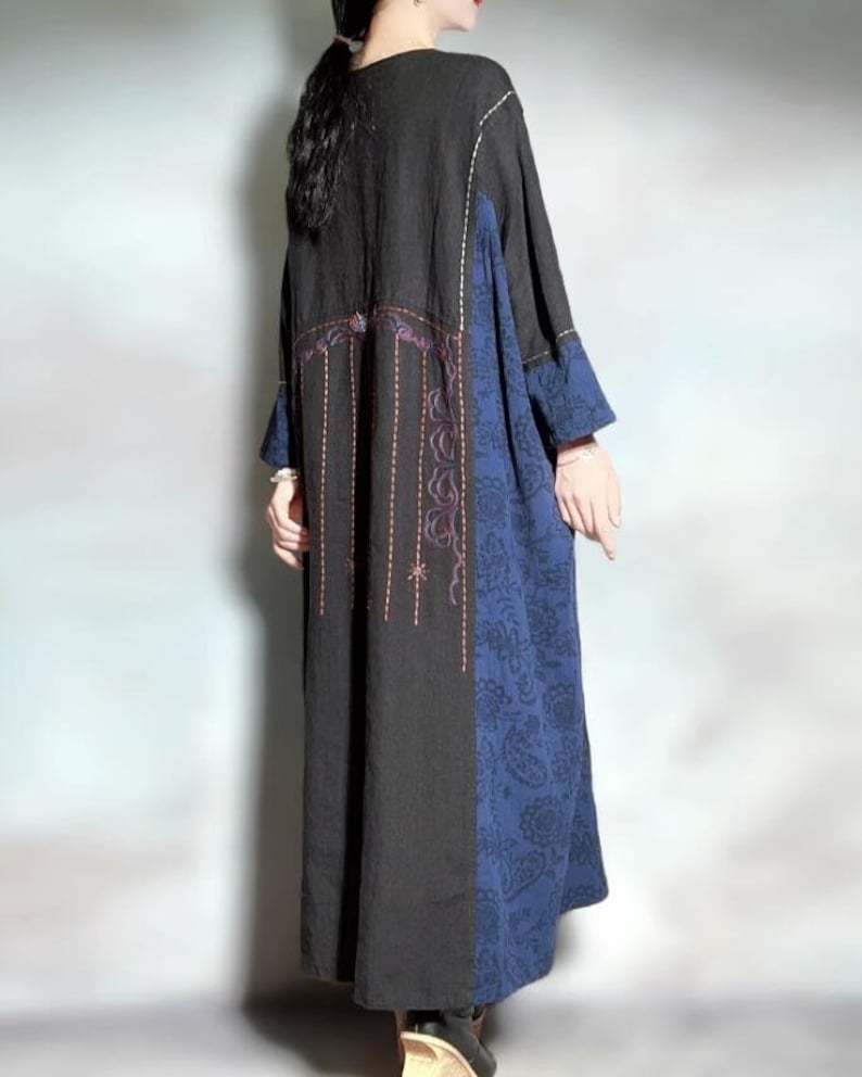 Linen Women dress, Black maxi dress, retro dresses, linen robe, Linen dress with pockets, Oversized dress image 4