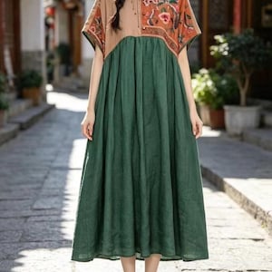 Loose Fit Linen Long Dress, Women's Dresses with Pockets, Retro Summer dress for women
