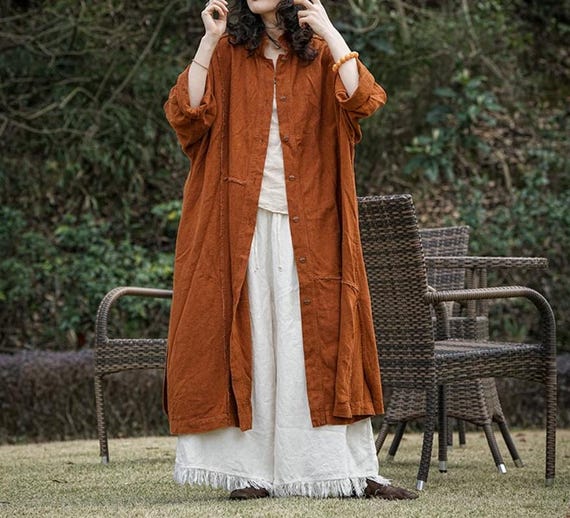 Women Loose Long Shirts, Spring Autumn Blouse, Caramel Coffee Casual Linen Shirt, Women Top
