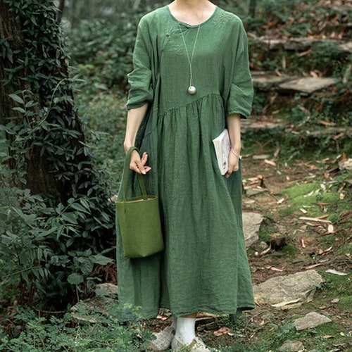 Green Linen dress, Women Loose Fit Long Dresses, Dresses for women, Summer Woman Dress with pocket, Long Red Linen dress, light pink Dress