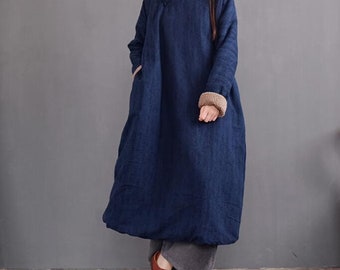 Women Winter long dresses, Linen cotton dresses, Winter Robes, dresses with pocket, Loose Fitting Coat Dress, dresses for women