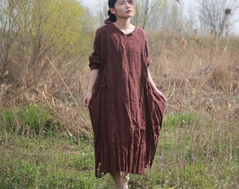Women Long Linen Dress, Dresses with pockets, Loose casual Minimalist dress