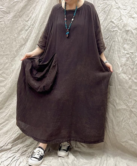 Summer Linen Long Dress for Women, Dark Brown Dresses, Casual Oversized Dress