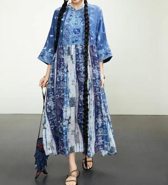 Blue Linen Long Dress, Women Loose Fit Dresses, Summer Dress with Pockets