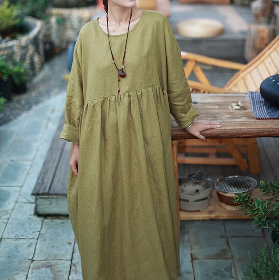 Autumn Loose Fit Maxi Dress Women Linen 
