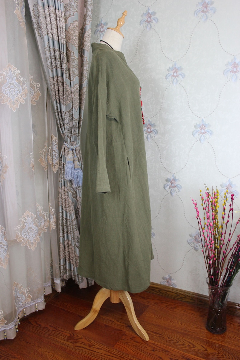 Linen Loose Fitting shirt, Spring Women gown, long Coat shirt, Army green Linen Cardigan, Linen Blouse for Women image 3