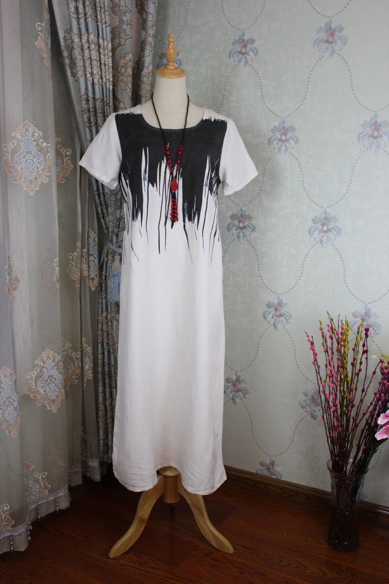 Summer linen circle collar Dresses, Grey blue dress, White long dress, short sleeves dress, Prom dress, Kaftan image 2