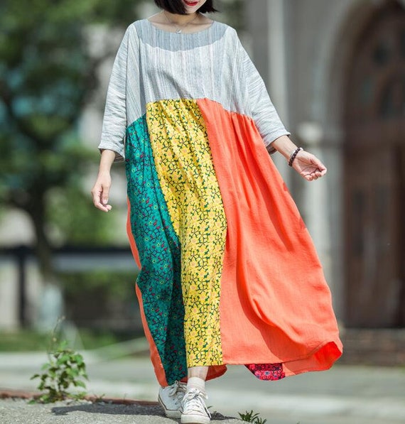 Women Oversized dress maxi dress Cotton linen Floor length Etsy