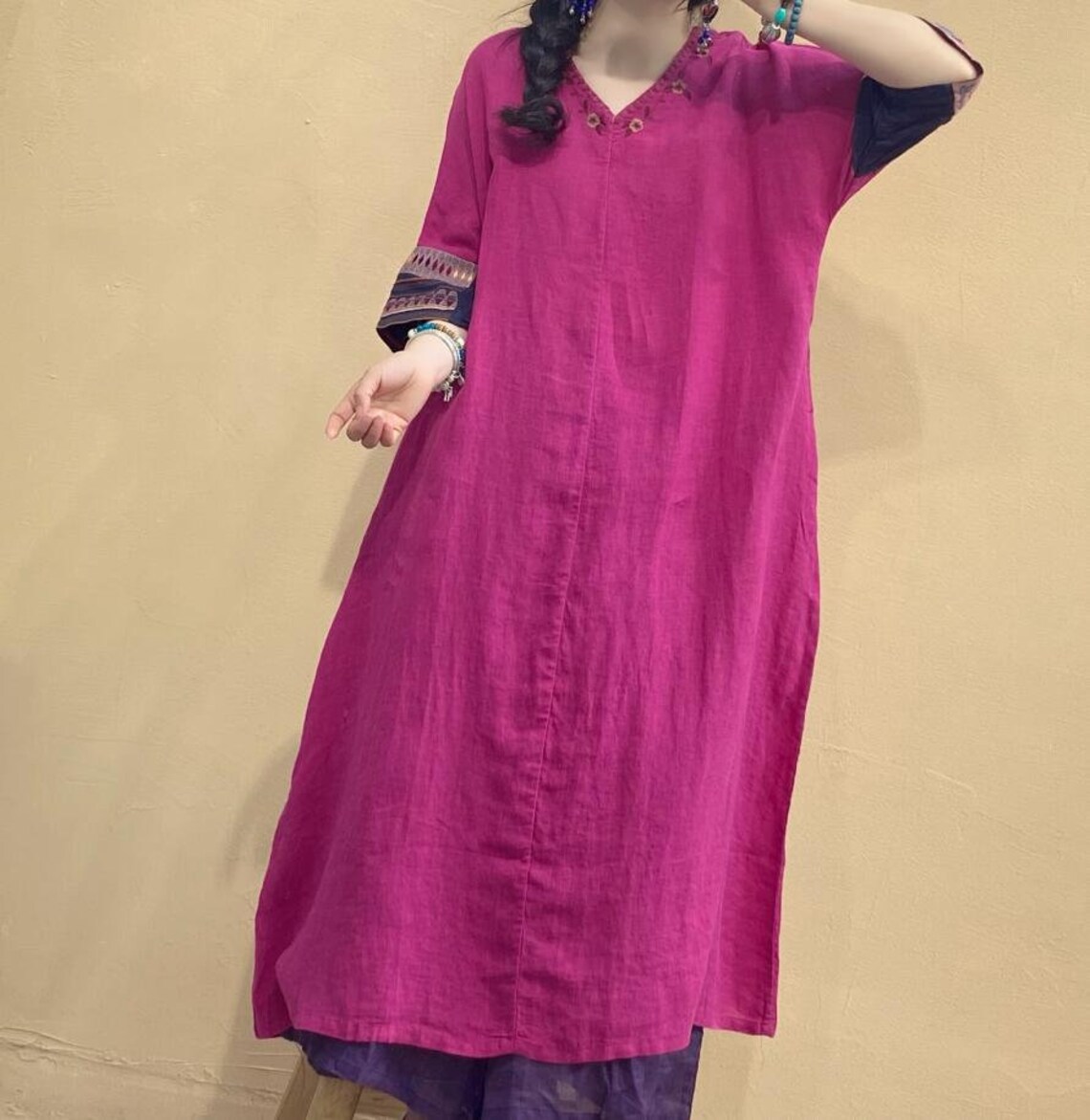 Women Linen Dresses 3/4 Sleeve Dress Linen Long Dress Loose Etsy