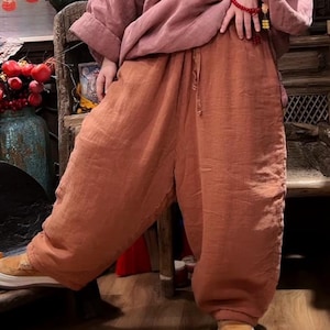 Womens Linen pants, Retro Linen pants, Oversized Linen pants, Winter Pants, Linen warm pants, elastic waist pants