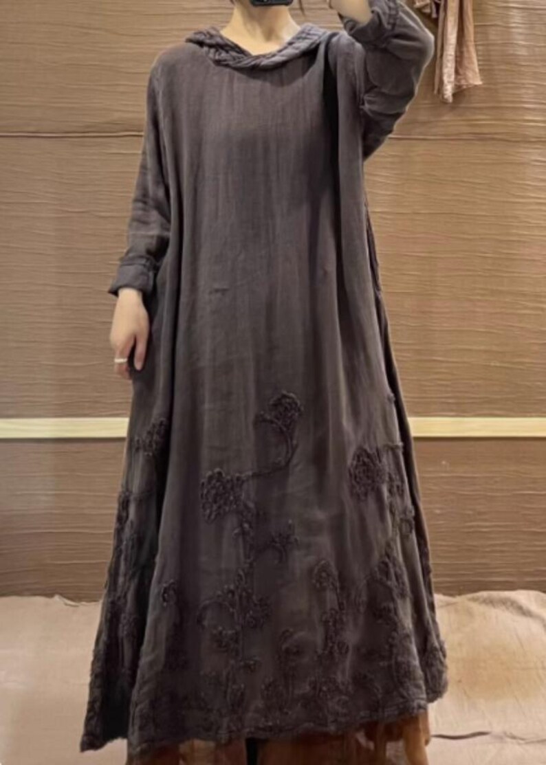 Women Linen Maxi Dress/ Spring Hooded Dresses/ vintage Dress with Pockets image 6